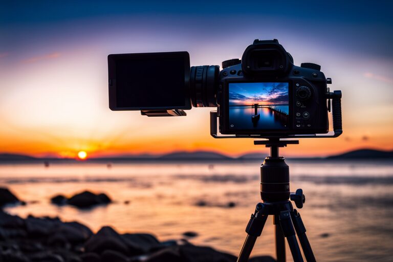 Local SEO, A local professional captures a serene sunset over a body of water using a DSLR camera perched on a tripod. The spectacular sunset scene is wonderfully displayed on the camera's screen, mirroring perfectly in the calm waters. This encompasses our commitment to quality web design and reinforces our status as leading providers of SEO services in your area. Web Design, East Texas